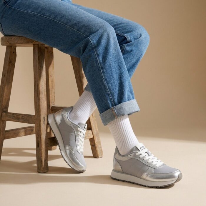 Woden Ronja Metallic Sneakers zilver Leer