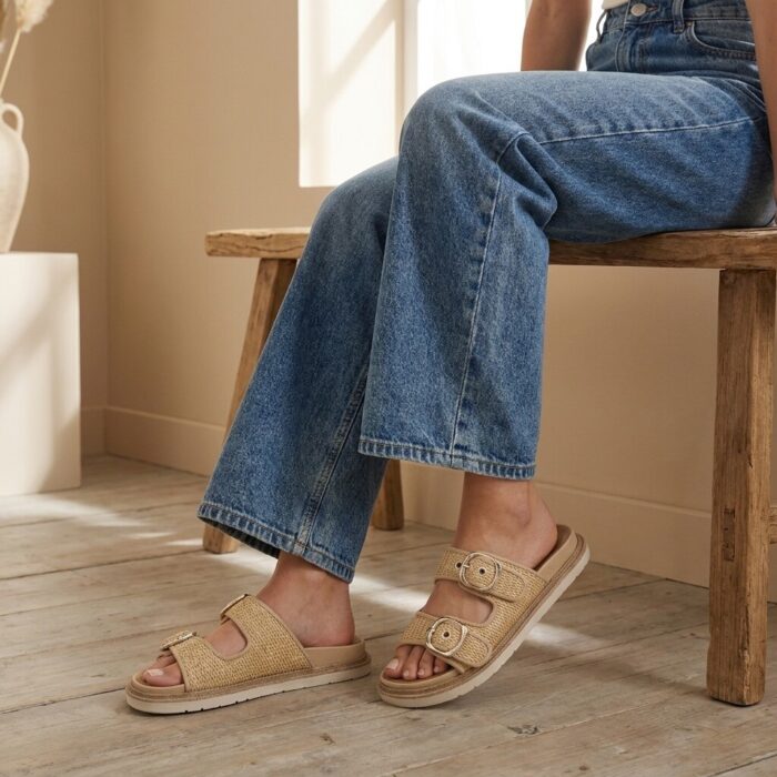 Tamaris Raffia Slippers beige Textiel